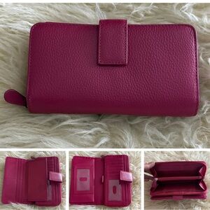 Pink Leather Tri-Fold Checkbook Wallet